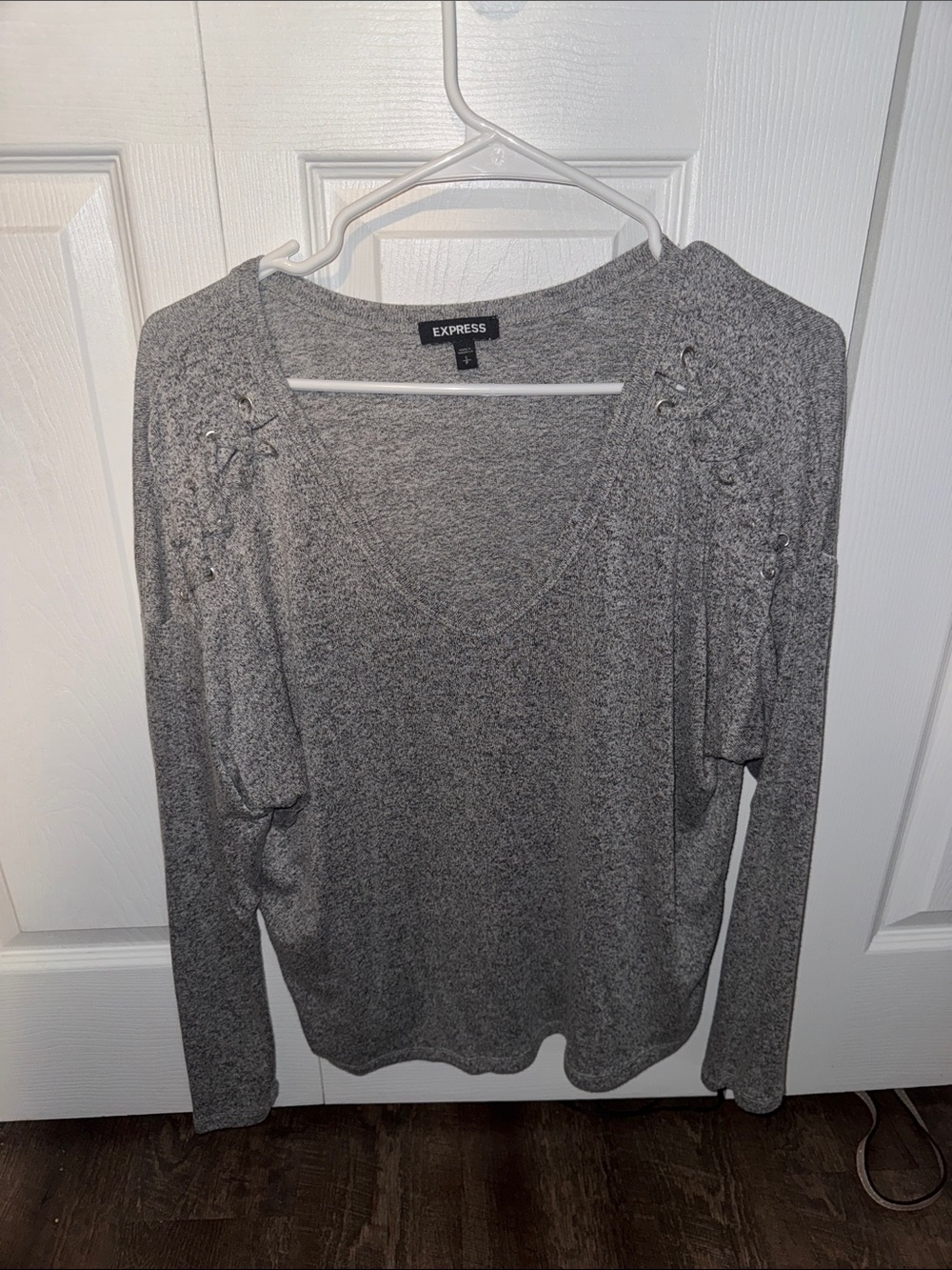 Express Gray Lace-Up Shoulder V-Neck Sweater